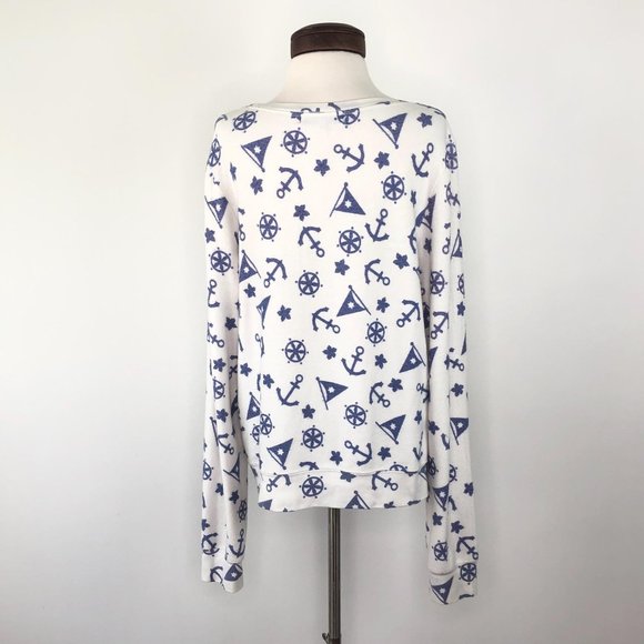 Wild Fox White Blue Nautical Anchor Ship Wheel Flag Graphic Pullover Sweater  | - Picture 4 of 11